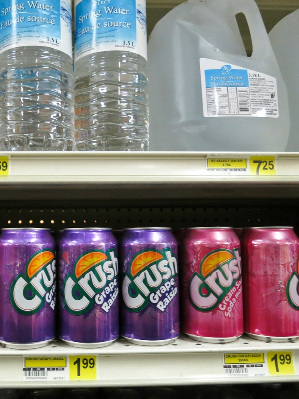 High transportation costs mean groceries are expensive and residents rely on cheap, processed drinks, resulting in an elevated diabetes rate in Neskantaga. A 3.75-litre bottle of water costs $7.25. Photo: Samer Muscati / Human Rights Watch.