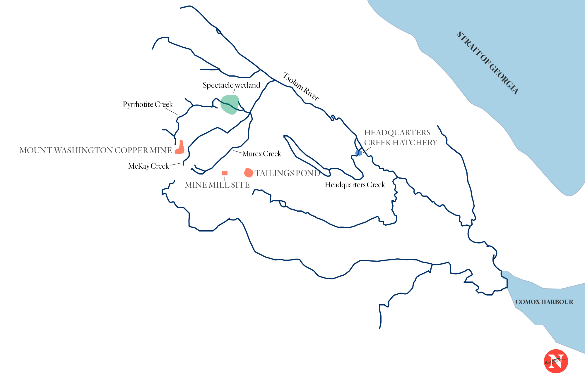 Mount Washington copper mine Tsolum River map