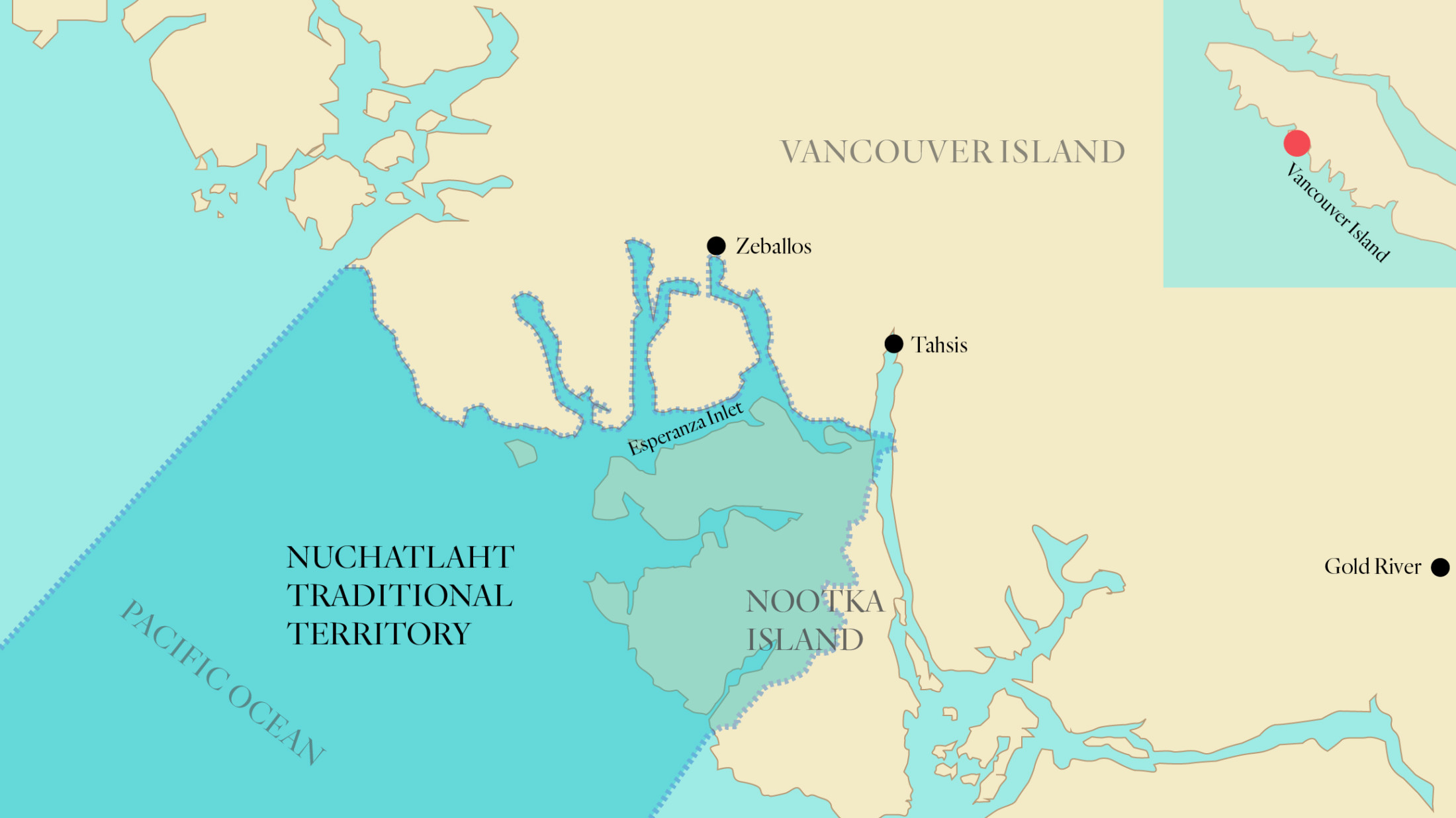 A map showing the traditional territory of the Nuchatlaht First Nation's traditional territory