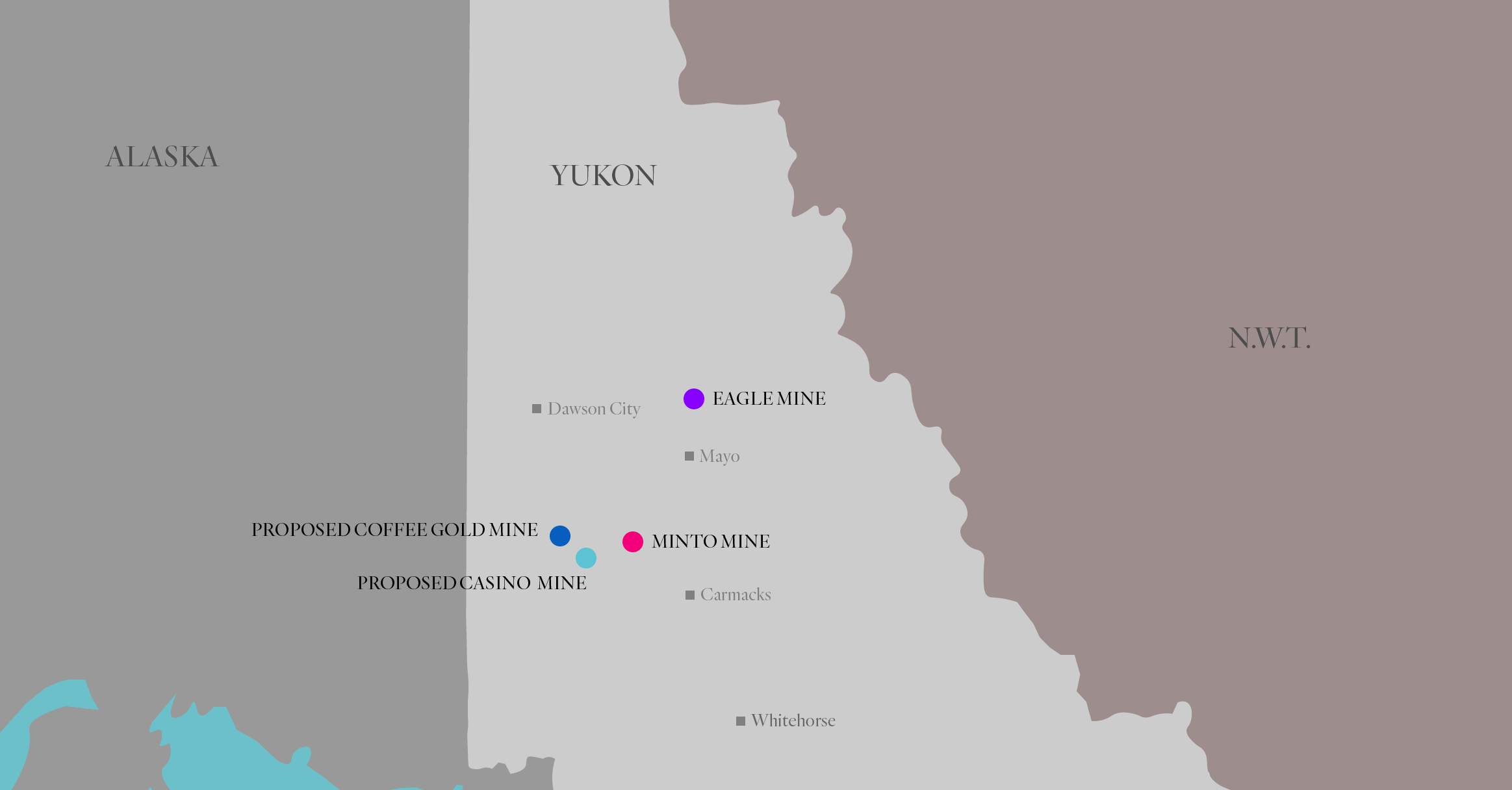 Map of mines in Yukon: Coffee Gold mine, Eagle Gold mine, Casino mine, Minto Mine. 