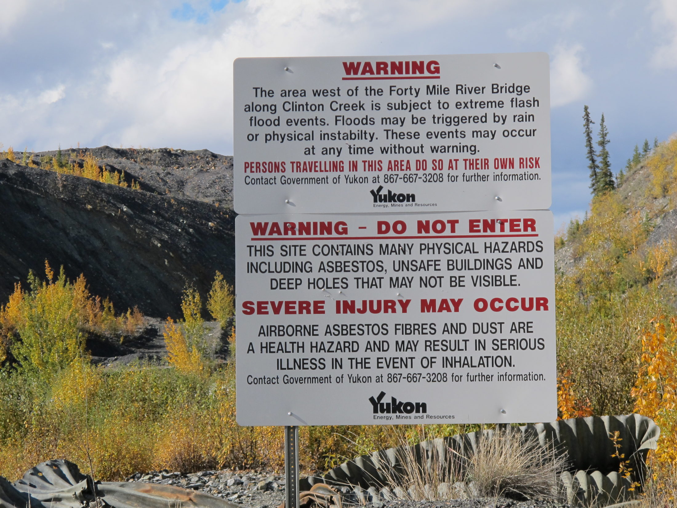Yukon Clinton Creek asbestos hazard sign