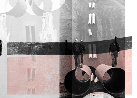 An artistic illustration showing a historic photo of men walking on pipeline segments.