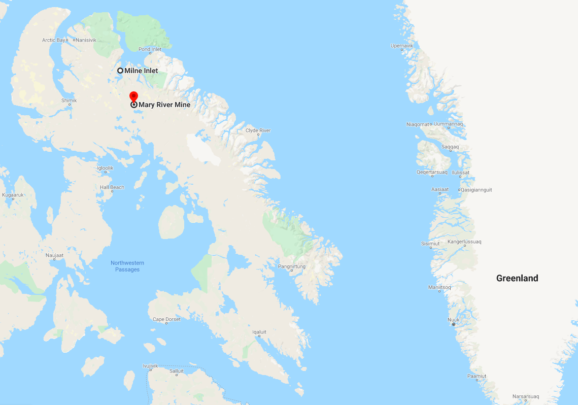 map of northeastern Nunavut and Greenland situating the Mary River Mine