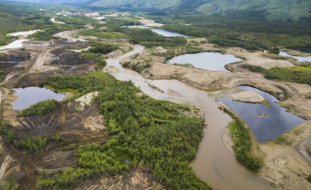 An aerial view of placer mining along the Indian River in Yukon