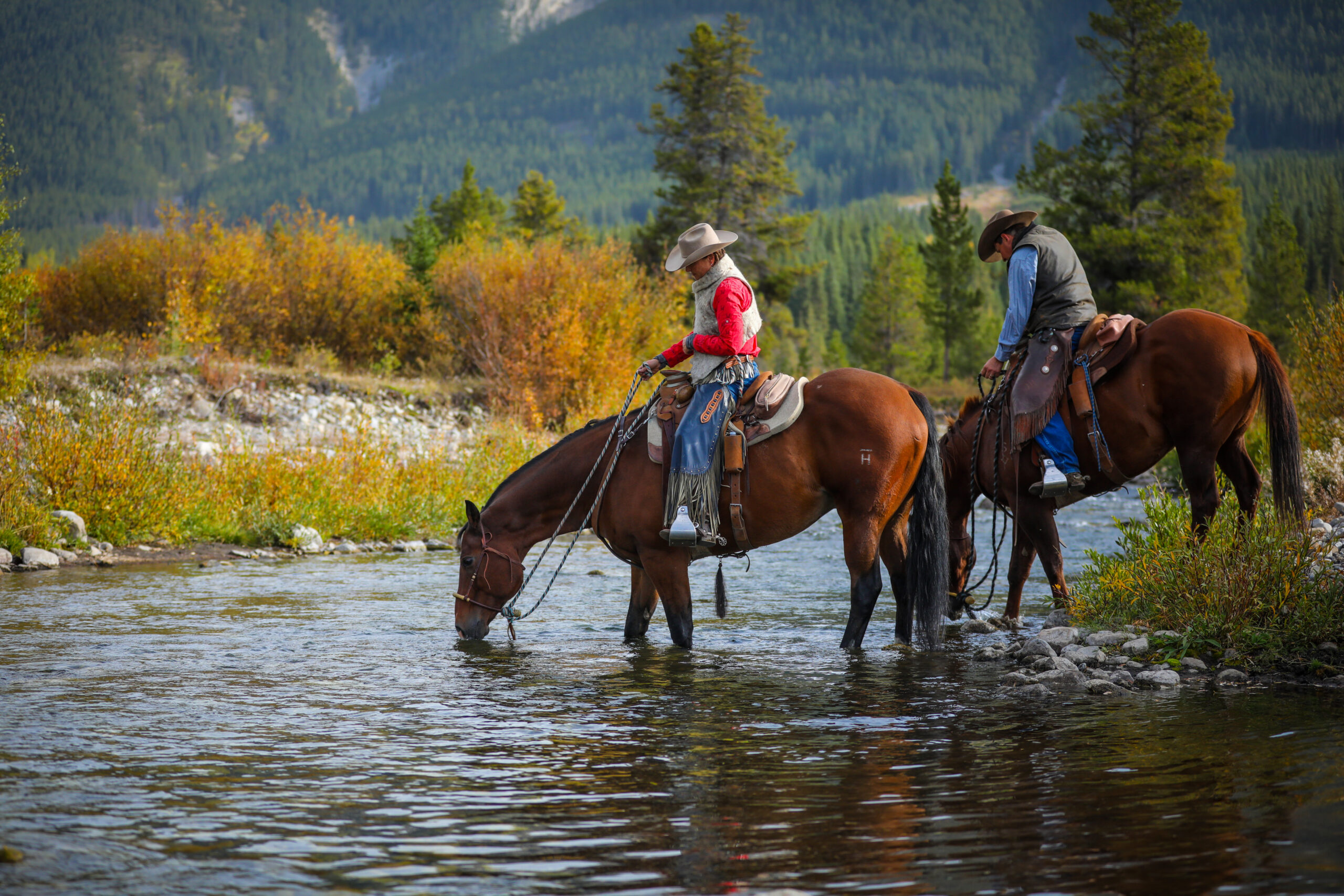 two ranchers on horses drinking from a stream