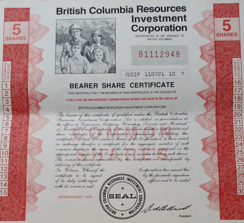 B.C. Resource Investment Corporation share certificate