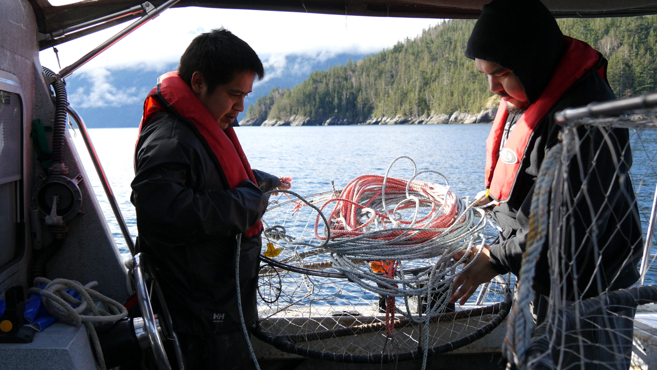 Nuxalk guardian watchmen prepare crab traps