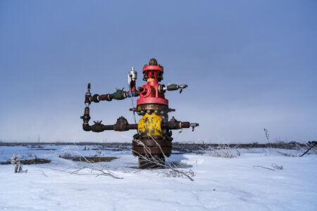 An oil well in the snow near Taber, Alberta