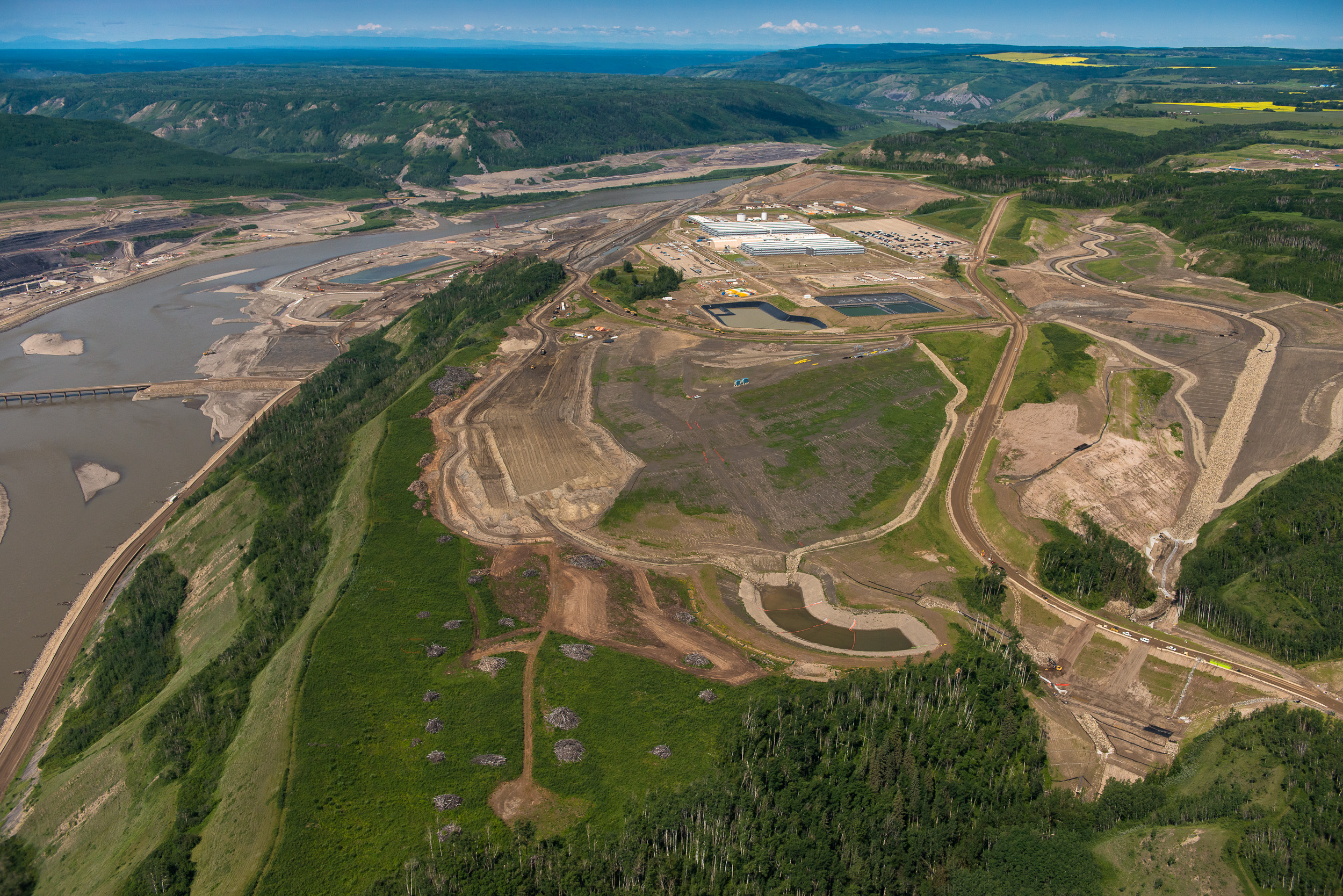 Aerial view of construction at the Site C dam site in 2018