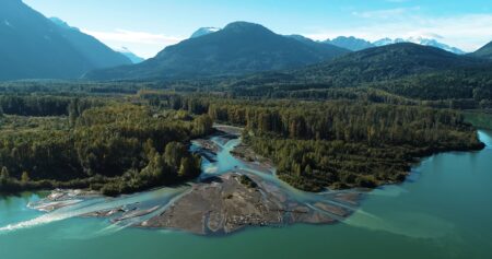 aerial view of Meziadin Lake with forests and mountains