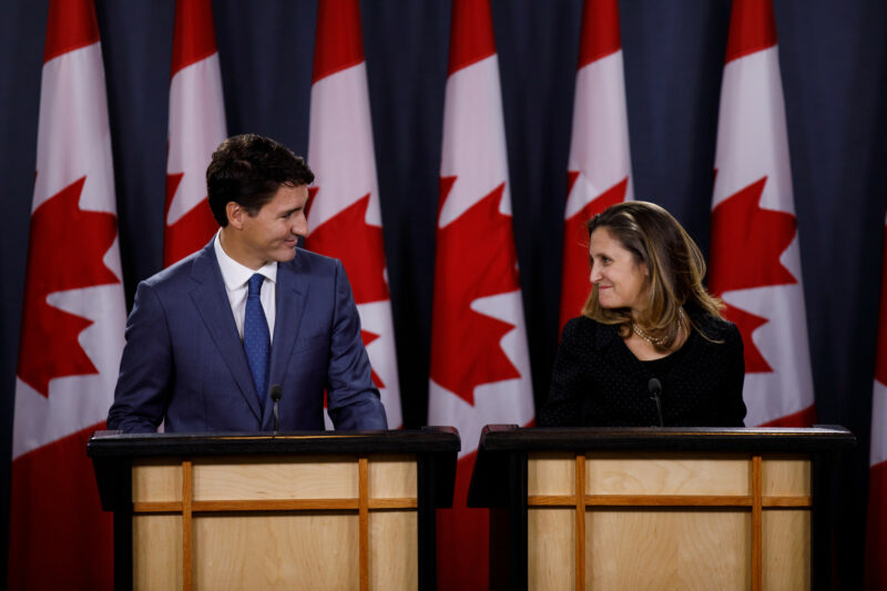 Justin Trudeau and Chrystia Freeland at a press conference
