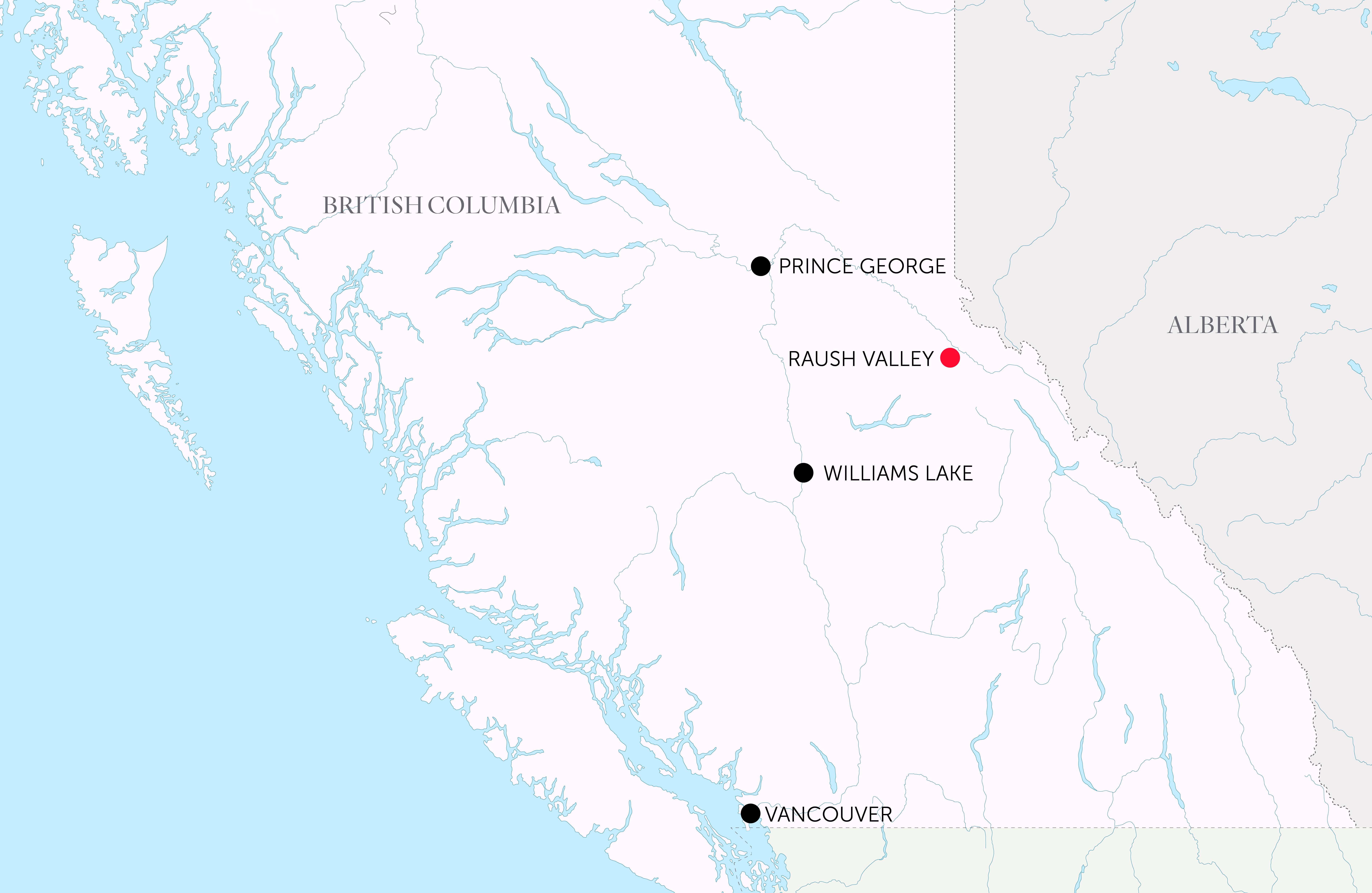 A map showing the Raush Valley situated between Prince George, B.C., and Williams Lake, B.C.
