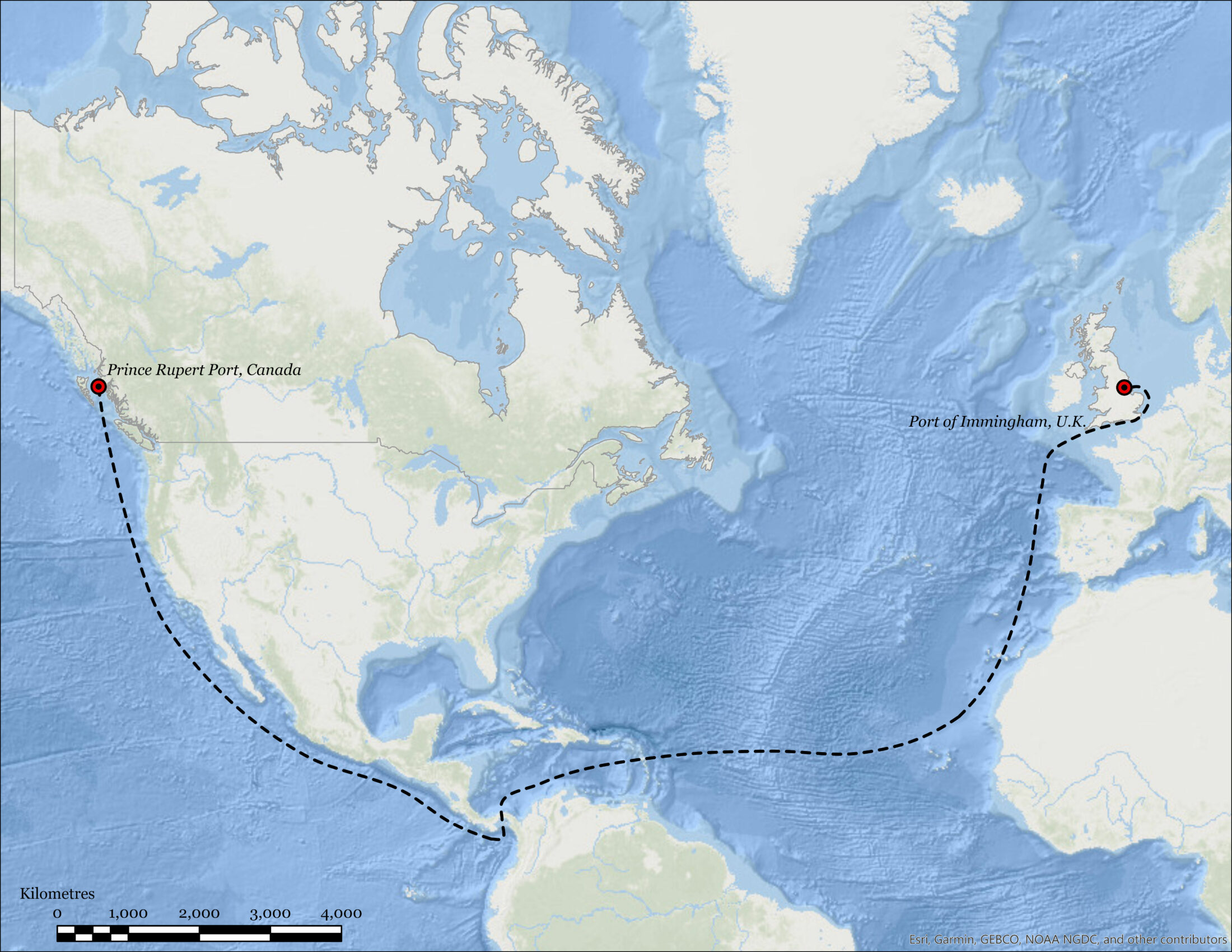 map showing shipping route from B.C. to England