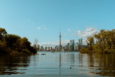 toronto skyline seen from lake ontario in toronto islands