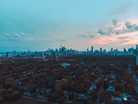 toronto skyline from afar over forest