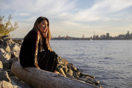 Auntie Shellene, Skwét7siya, sitting by the water