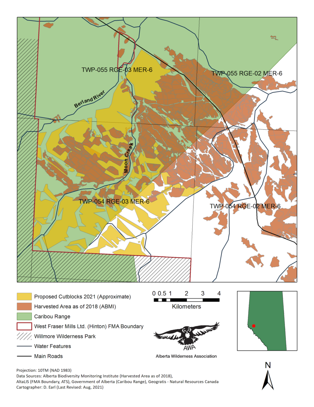 alberta wilderness association map of west fraser mills logging tenure and caribou habitat