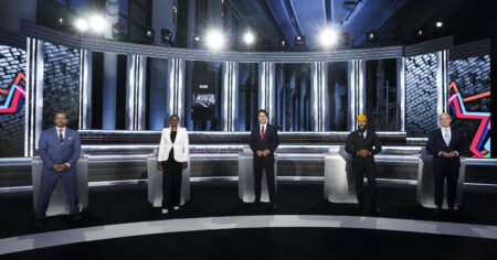 Bloc Quebecois Leader Yves-Francois Blanchet, left to right, Green Party Leader Annamie Paul, Liberal Leader Justin Trudeau, NDP Leader Jagmeet Singh, and Conservative Leader Erin O'Toole pose for an official photo before the federal election English-language Leaders debate