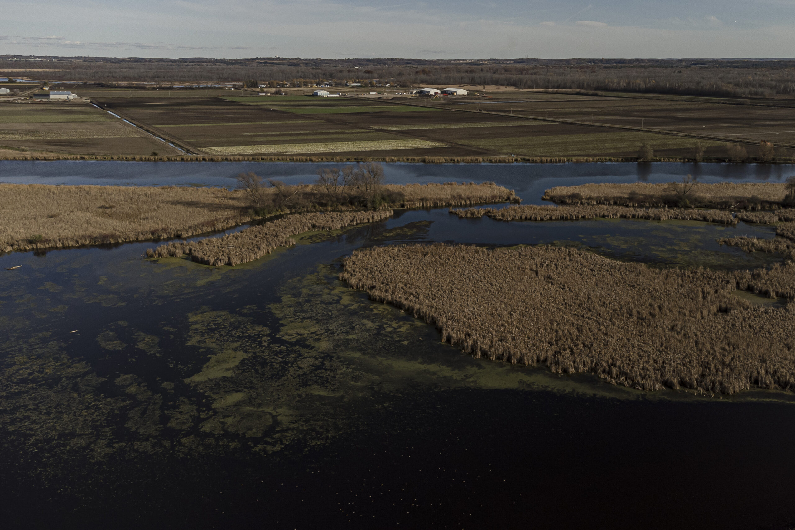 An aerial photo of the Holland River, winding past sections of reeds and farmland. 