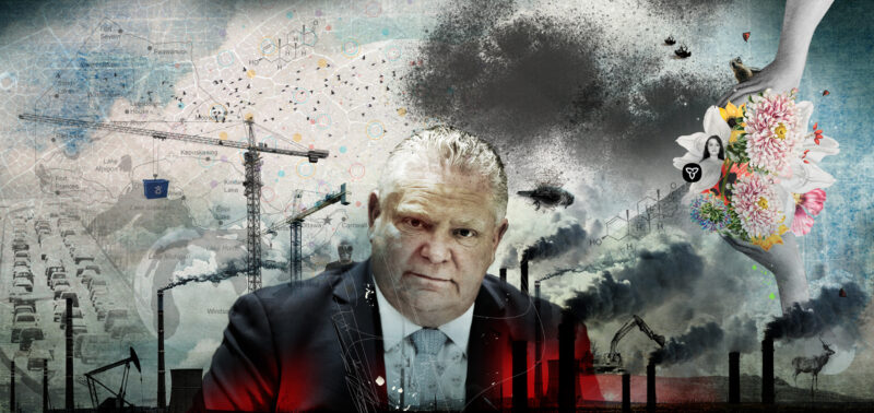 A photo collage of Doug Ford and environmental and climate change indicators