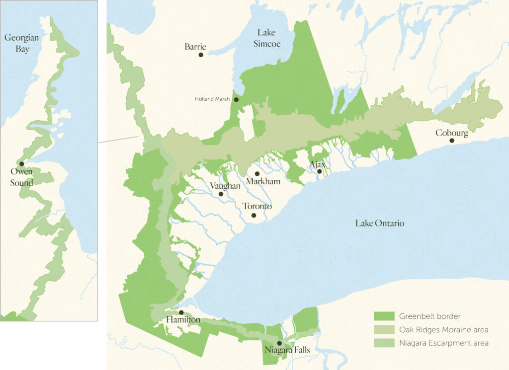 The Ontario Greenbelt rings around the Greater Toronto Area, stretching from northeast of Cobourg to Niagara with one branch north to the Bruce Peninsula. 