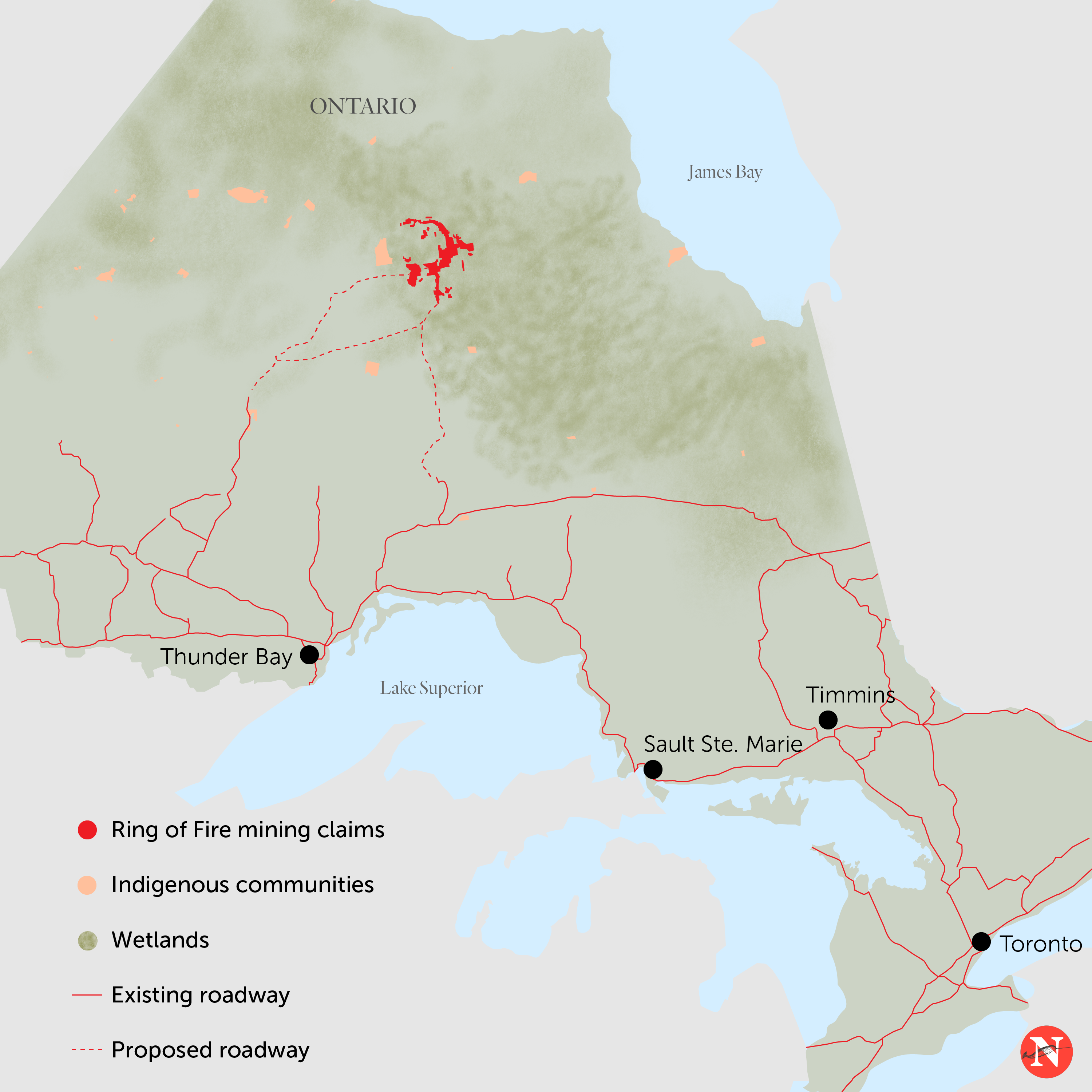 A map of First Nations and mineral claims in the Ring of Fire region in Far Northern Ontario