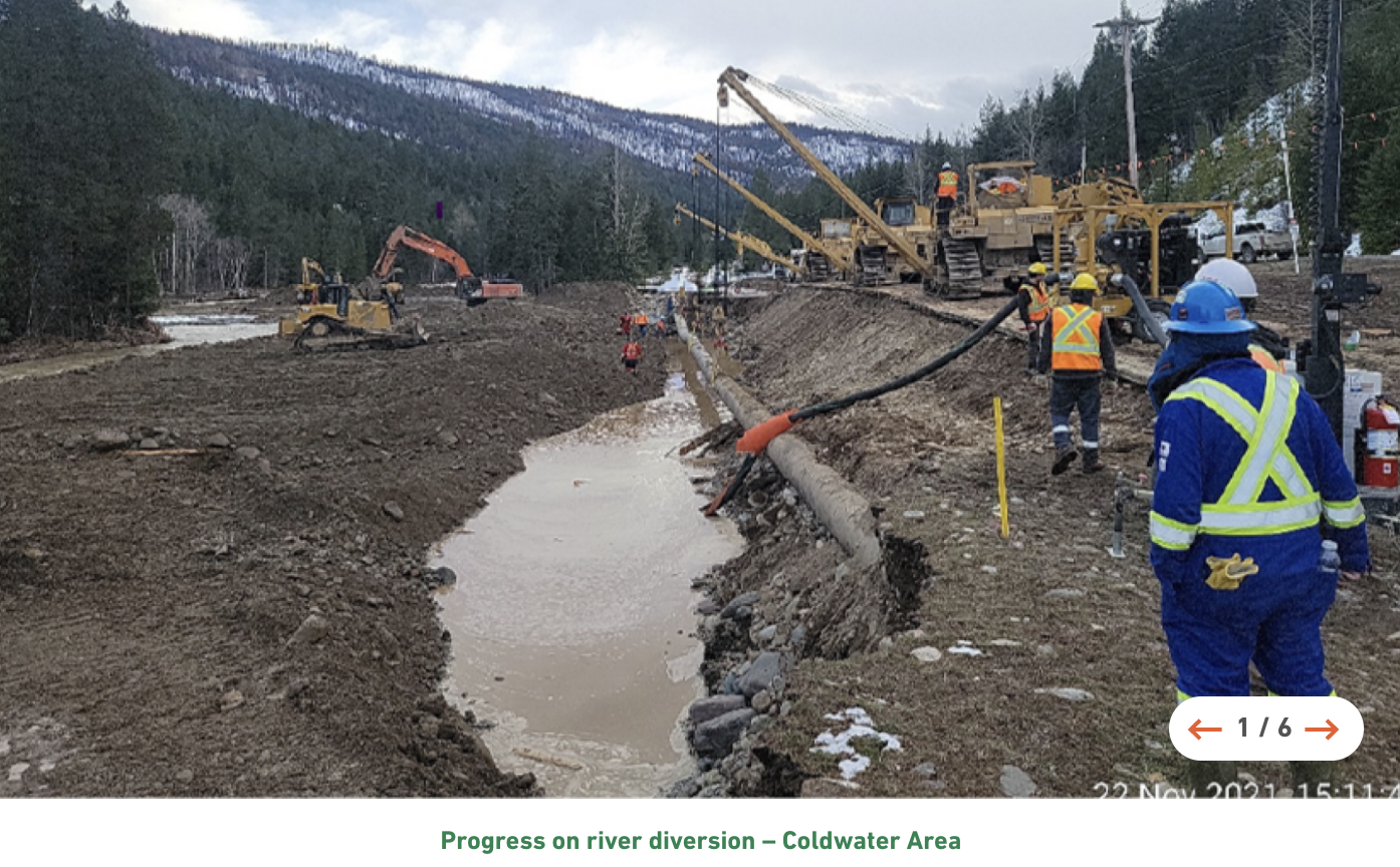 Crews work to divert water away from exposed pipeline in the Coldwater River area of B.C. 