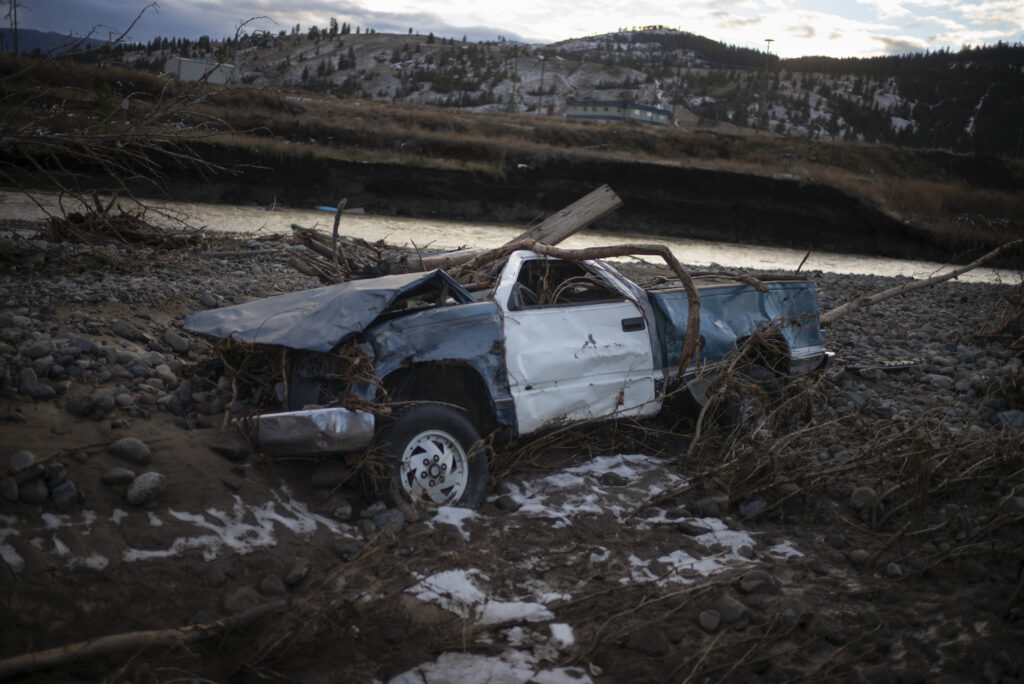 A crushed pickup truck in Merritt in the aftermath of B.C.'s devastating floods