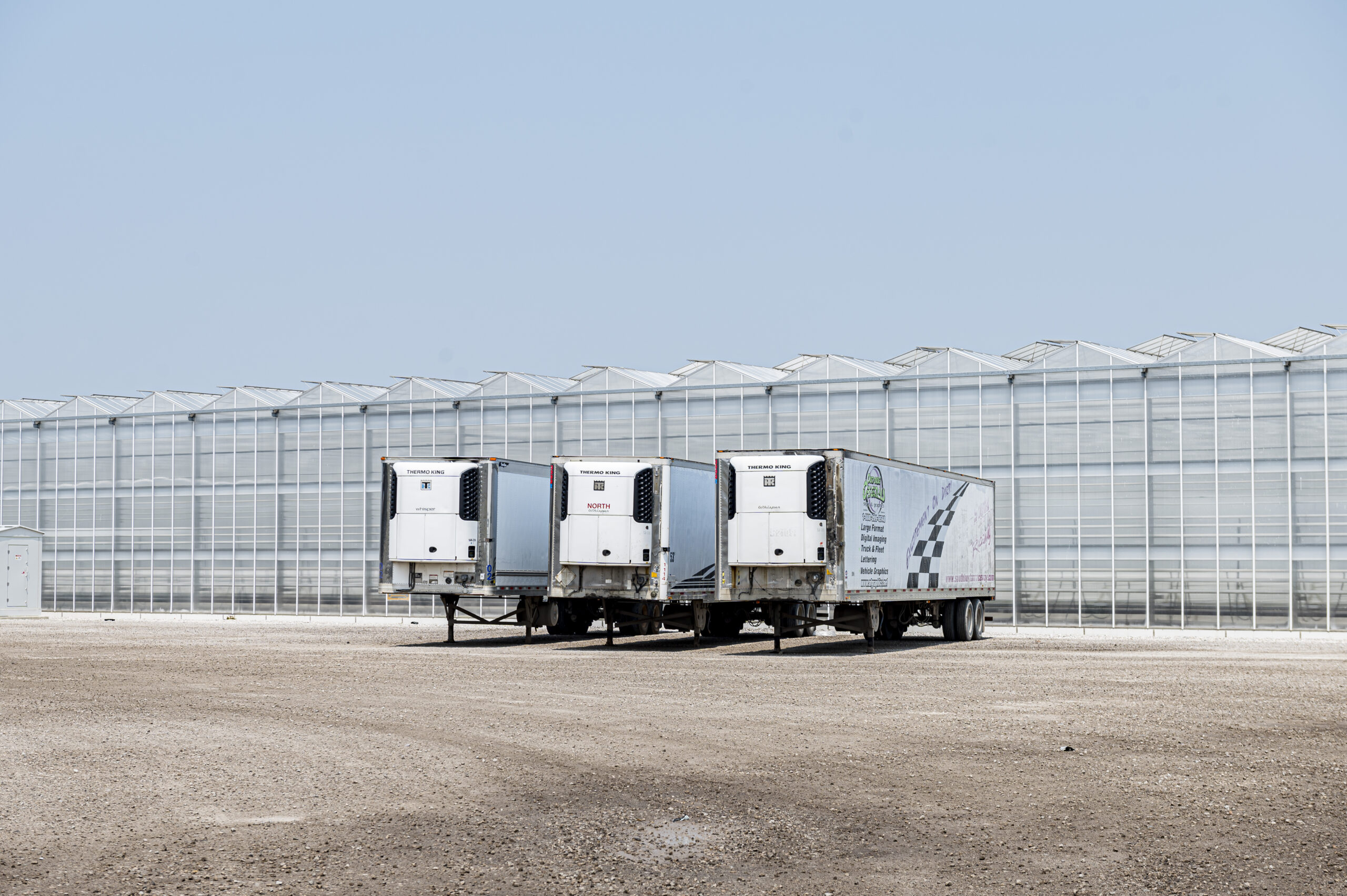 Trucks outside a greenhouse in Leamington, Ont.