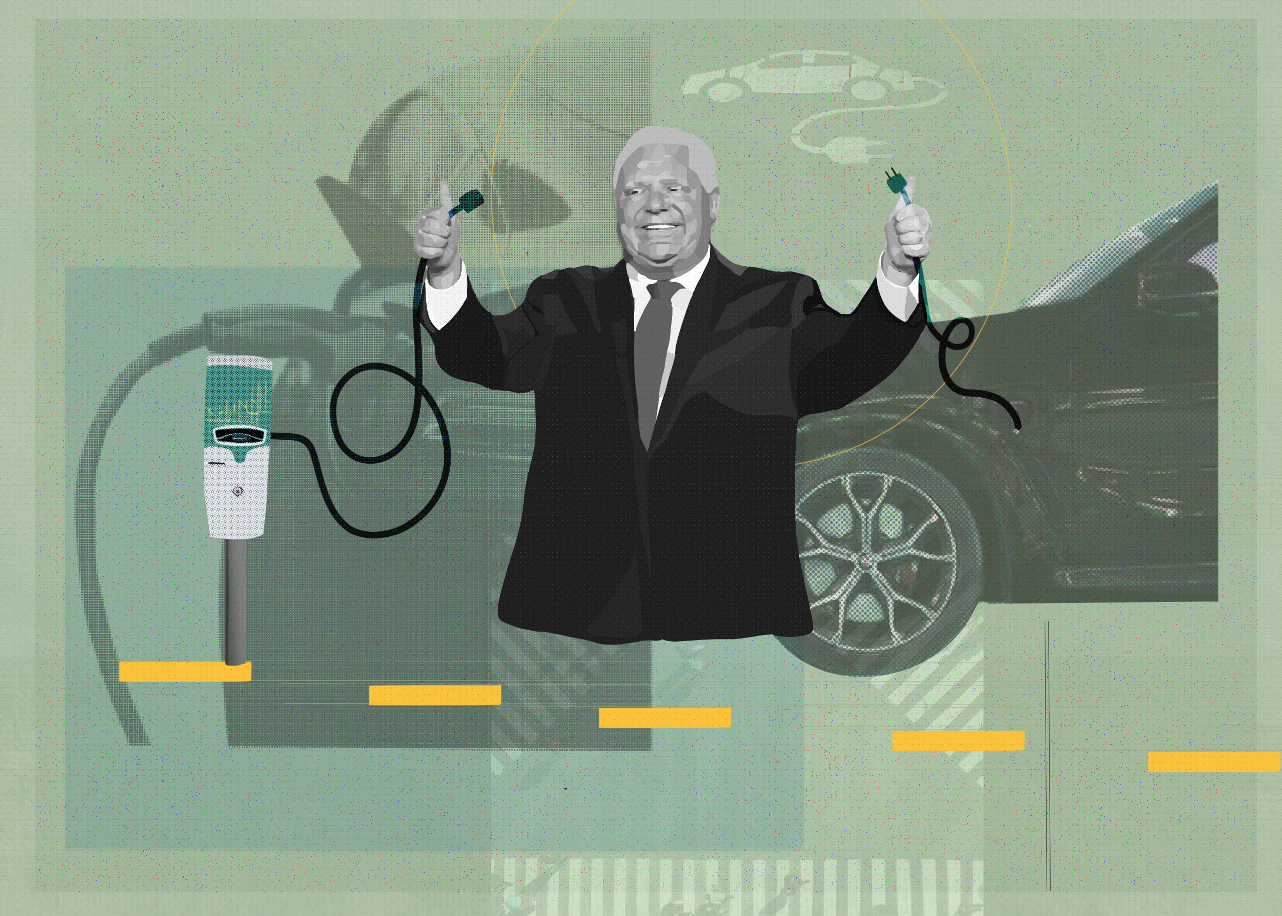 Illustration of Ontario Premier Doug Ford holding charging cables for electric vehicles