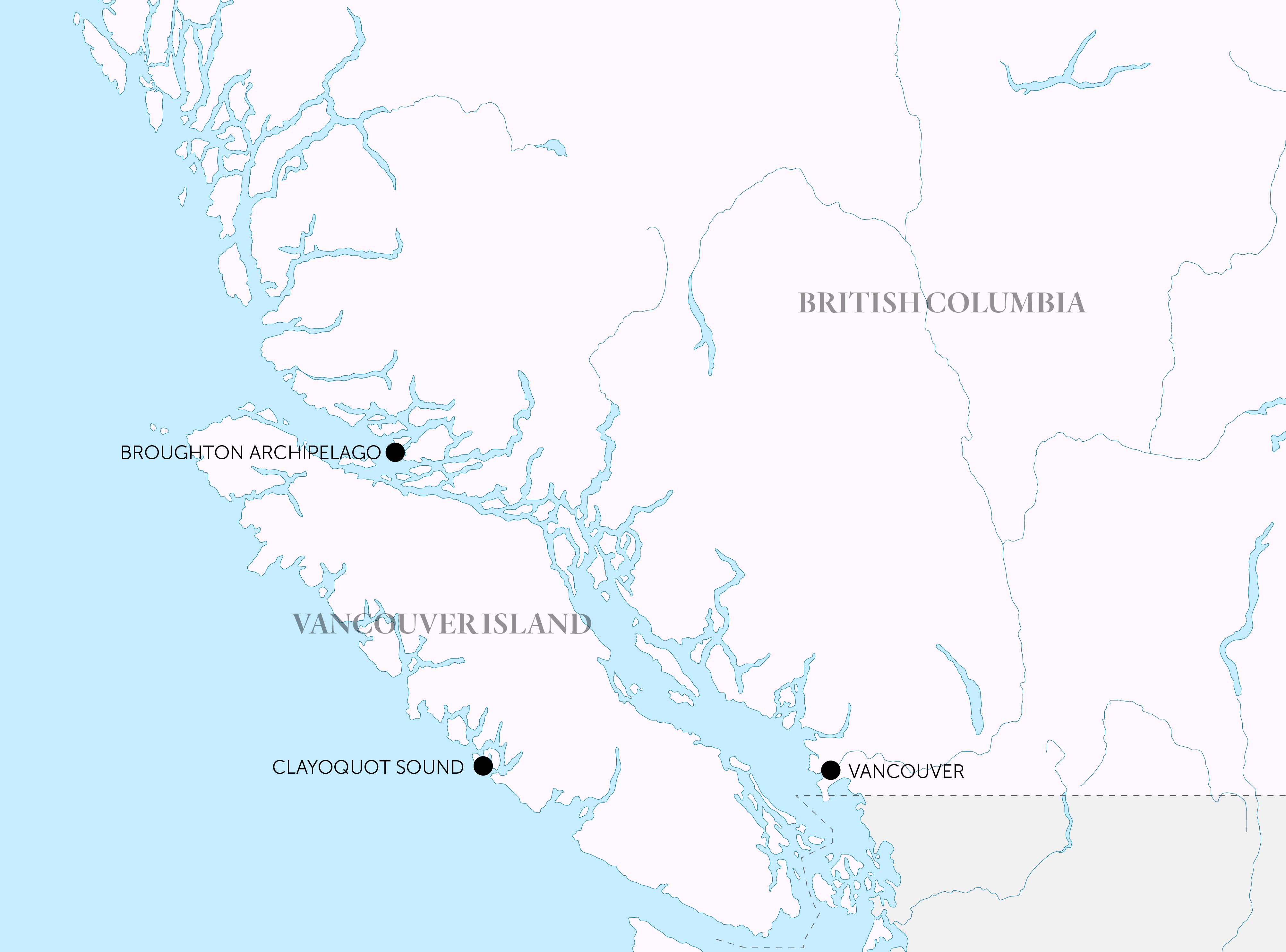 Map of B.C., showing locations of newly proposed fish farms in Broughton Archipelago and Clayoquot Sound