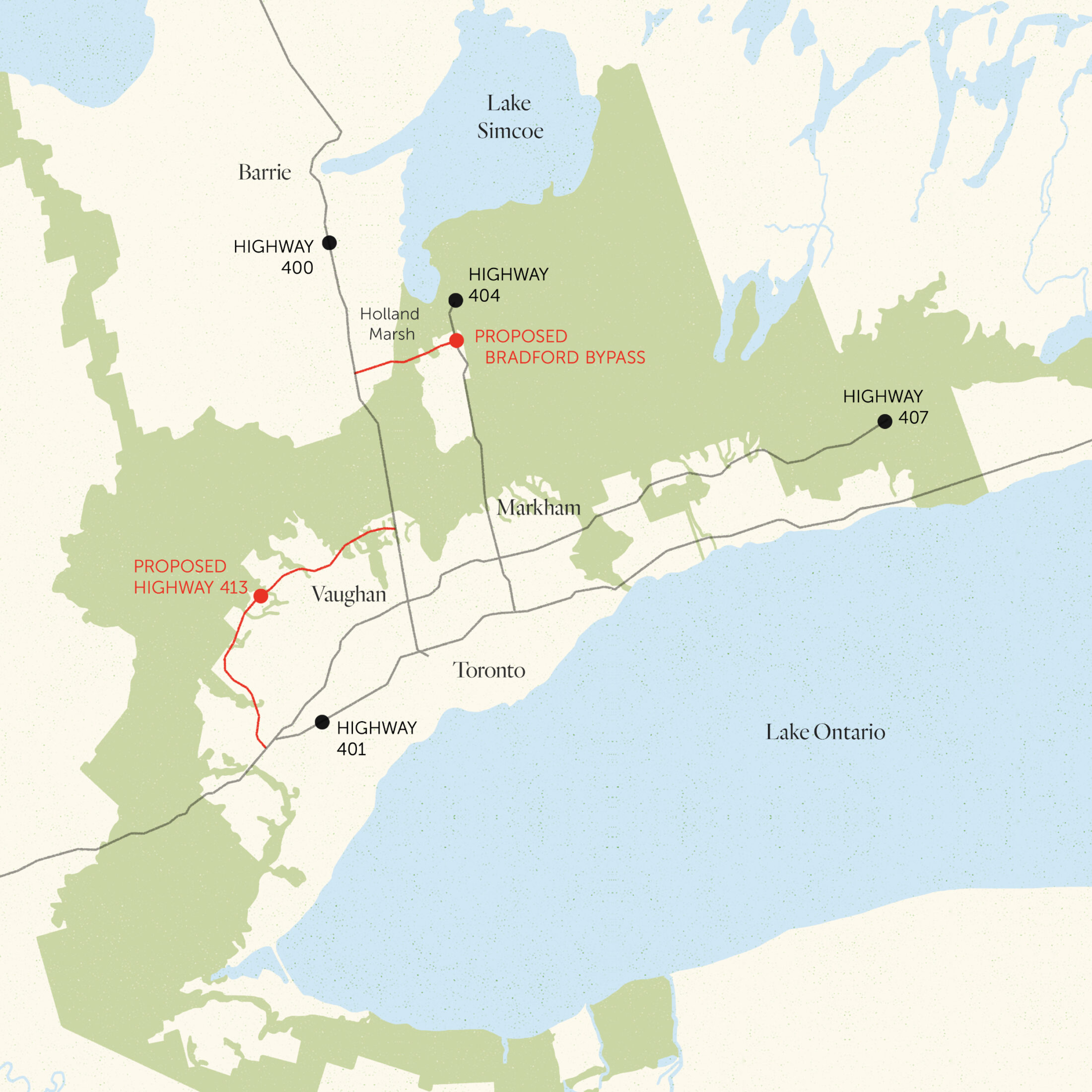 A map showing the proposed routes of the Bradford Bypass and Highway 413.