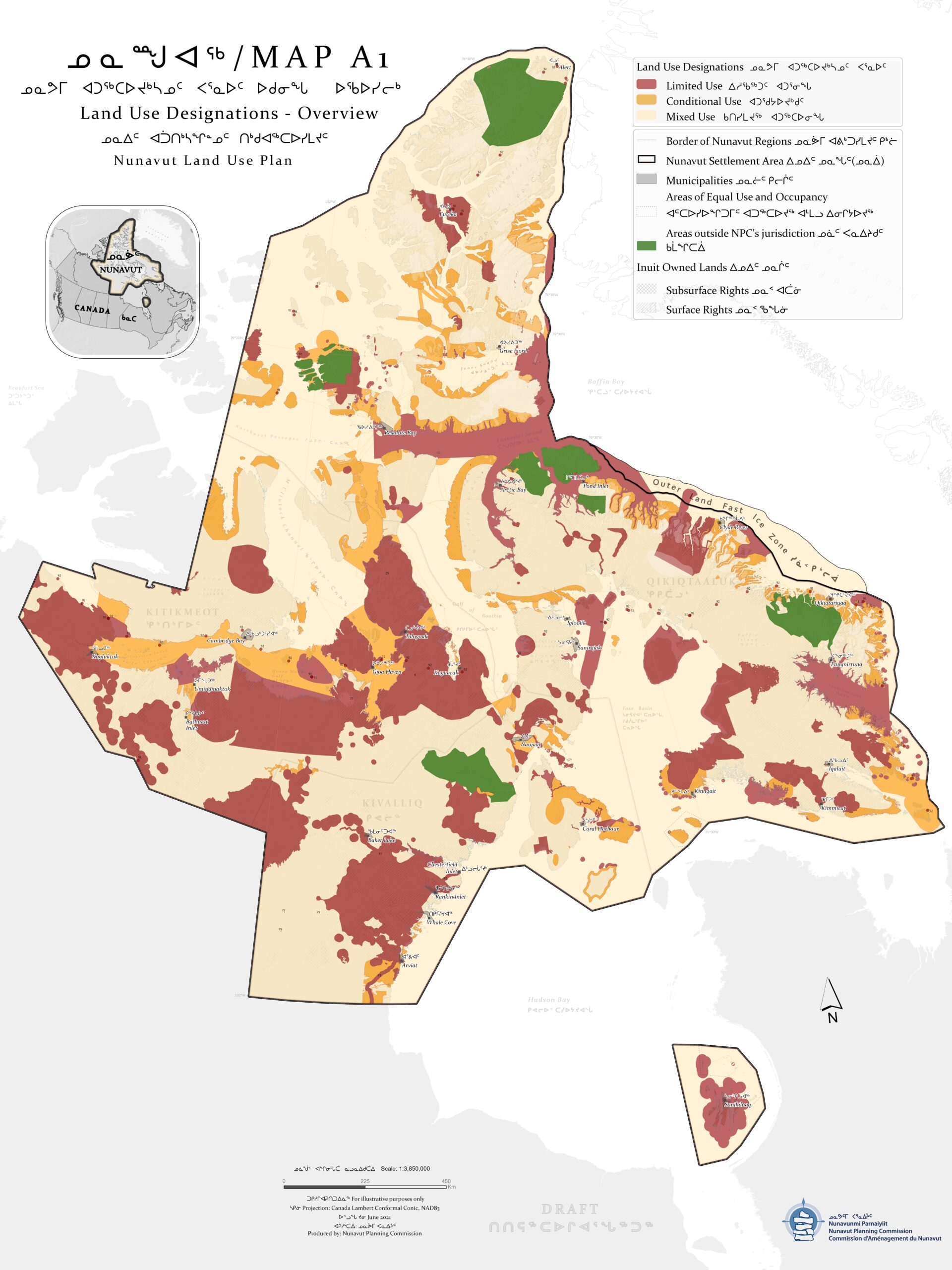 Map of Nunavut showing land designations of limited use, mixed use and conditional use; Nunavut land use plan