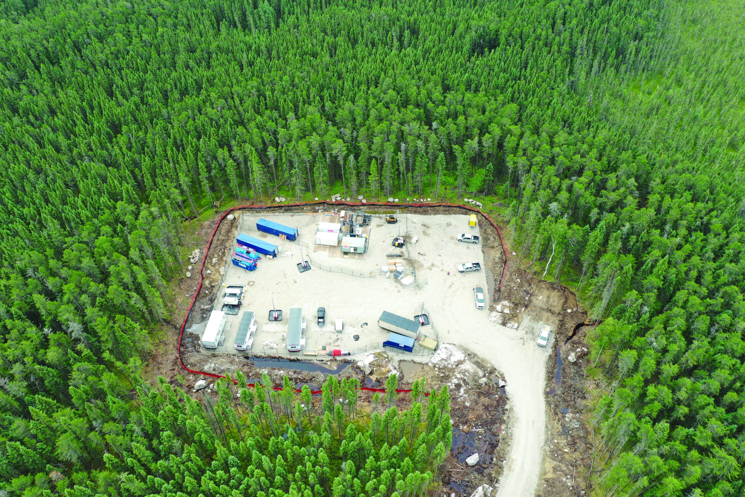 An aerial photo of a clearing in the woods near Ignace, Ont. where the Nuclear Waste Management is doing borehole testing for a nuclear waste disposal site.