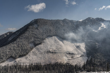 A clearcut patch of forest is seen on the site of a snowy green mountain