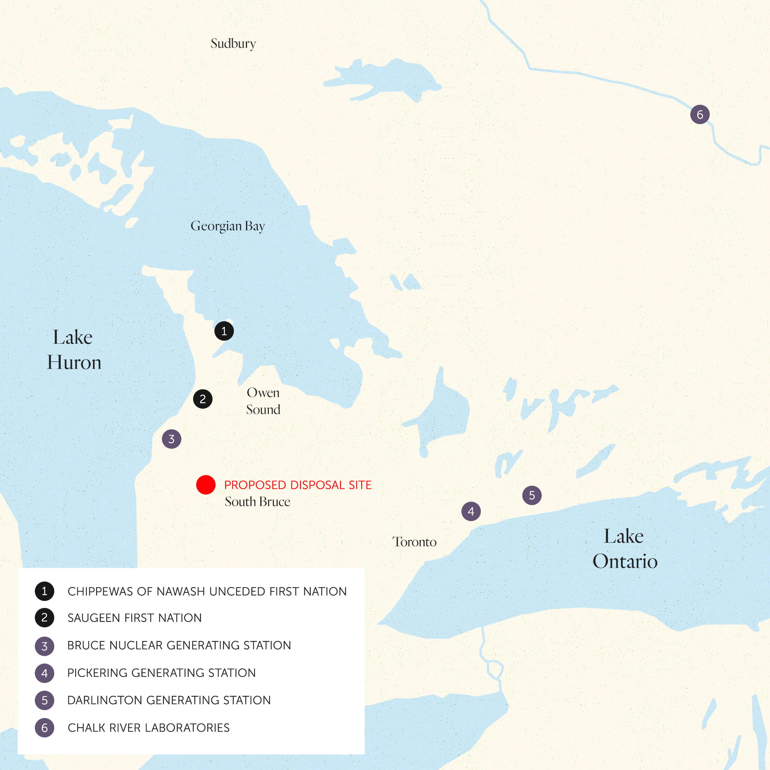 A map showing the Nuclear Waste Management Organization's proposed location for a nuclear waste disposal site on the Bruce Peninsula, south of Lake Huron and close to the Chippewas of Nawash Unceded First Nation and Saugeen First Nation. The map also shows the locations of the facilities that produce nuclear waste in Ontario: Bruce Nuclear Generating Station, Pickering Generating Station, Darlington Generating Station and Chalk River Laboratories.