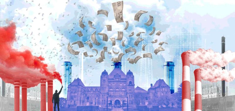 an illustration of Queens Park with money flying around it, surrounded by smokestacks