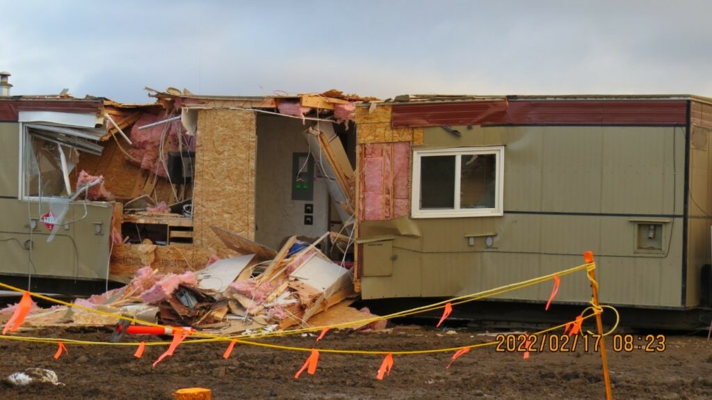 A photo showing damaged modular trailers at a Coastal GasLink work site