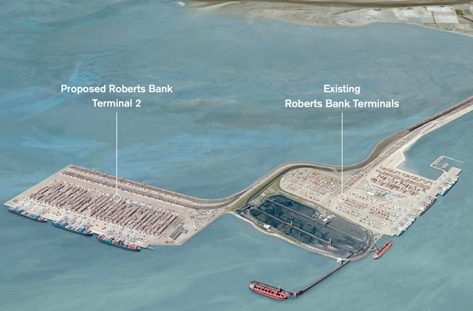 An artistic rendering showing the proposed Port of Vancouver's Roberts Bank Terminal 2 expansion