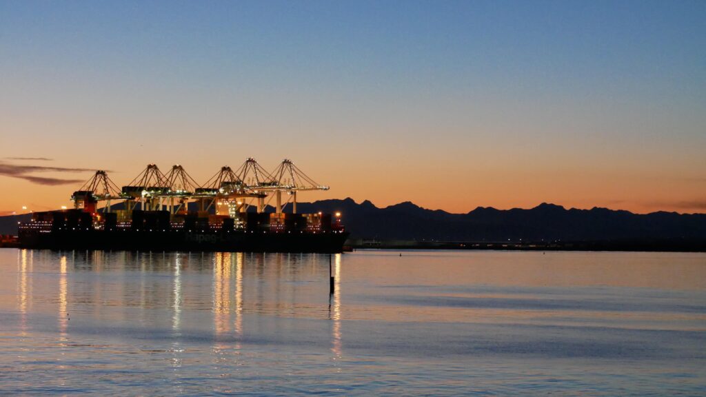 A sunset view of the Port of Vancouver's Roberts Bank terminal