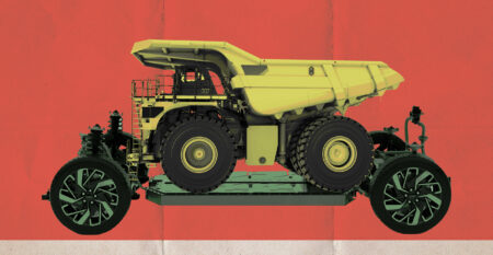 Electric vehicles in Canada: an illustration of a dump truck atop an EV battery with wheels