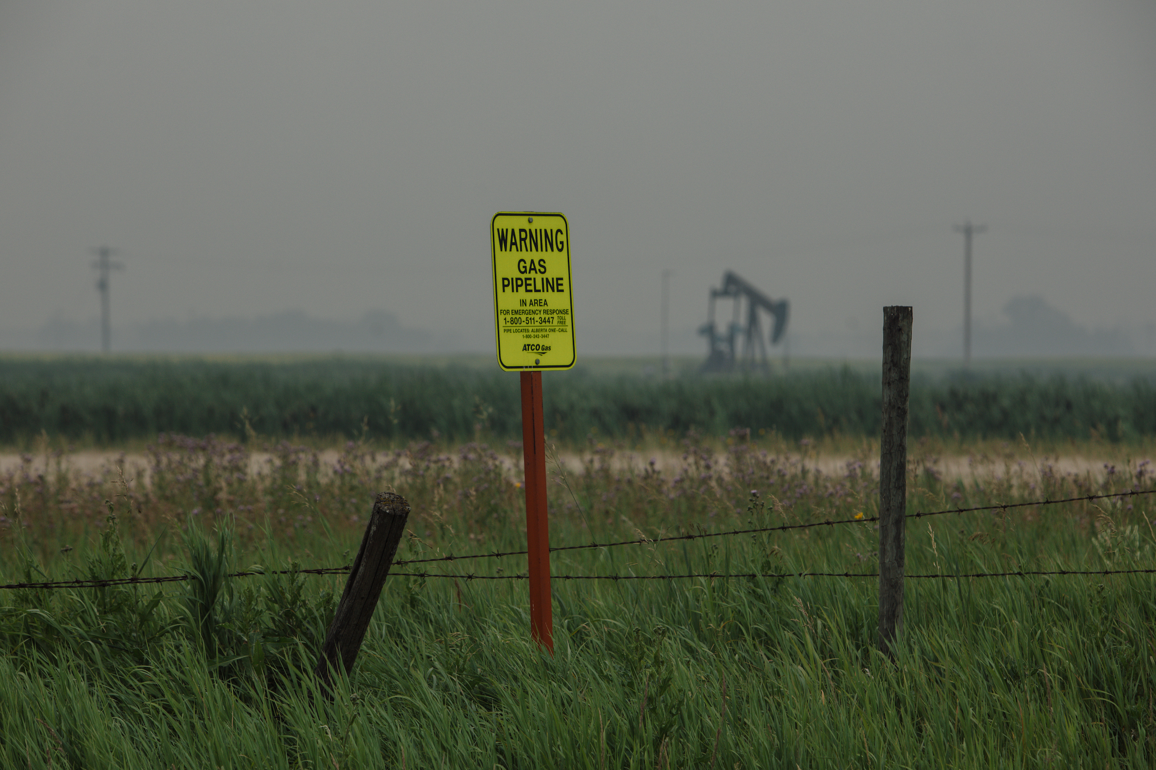 An Alberta pumpjack in a field on a smoky day
