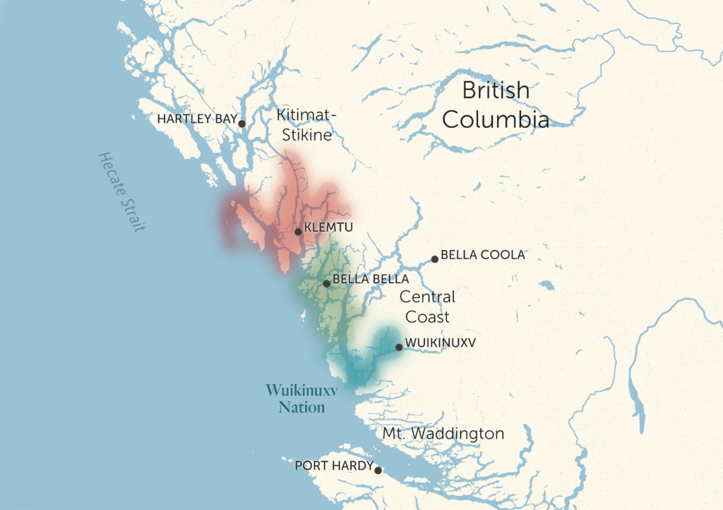 A map of Indigenous guardians patrol areas on the B.C. coast
