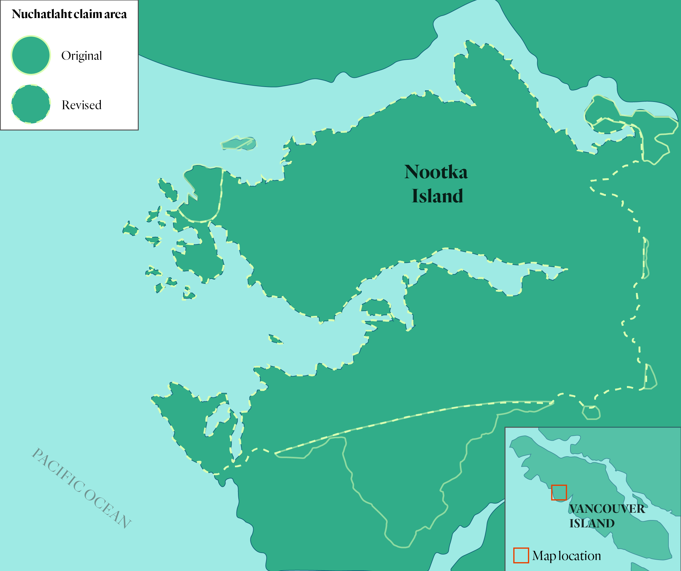Boundaries of Nuchatlaht First Nation's title claim on Nootka Island