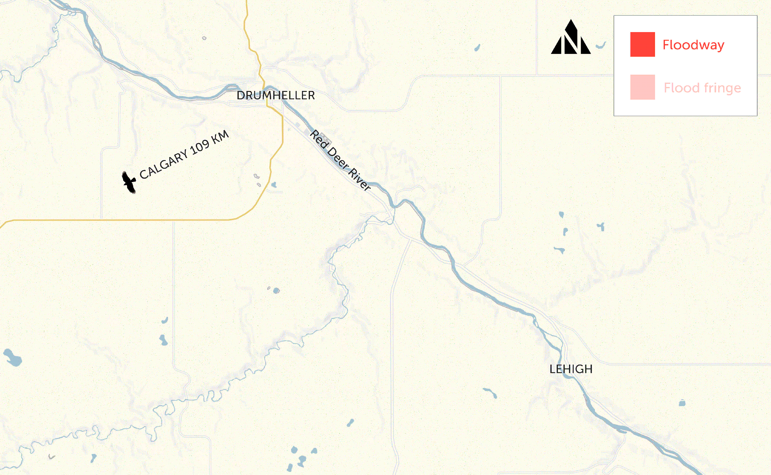Map showing flood zones of Red Deer River and Drumheller in Alberta