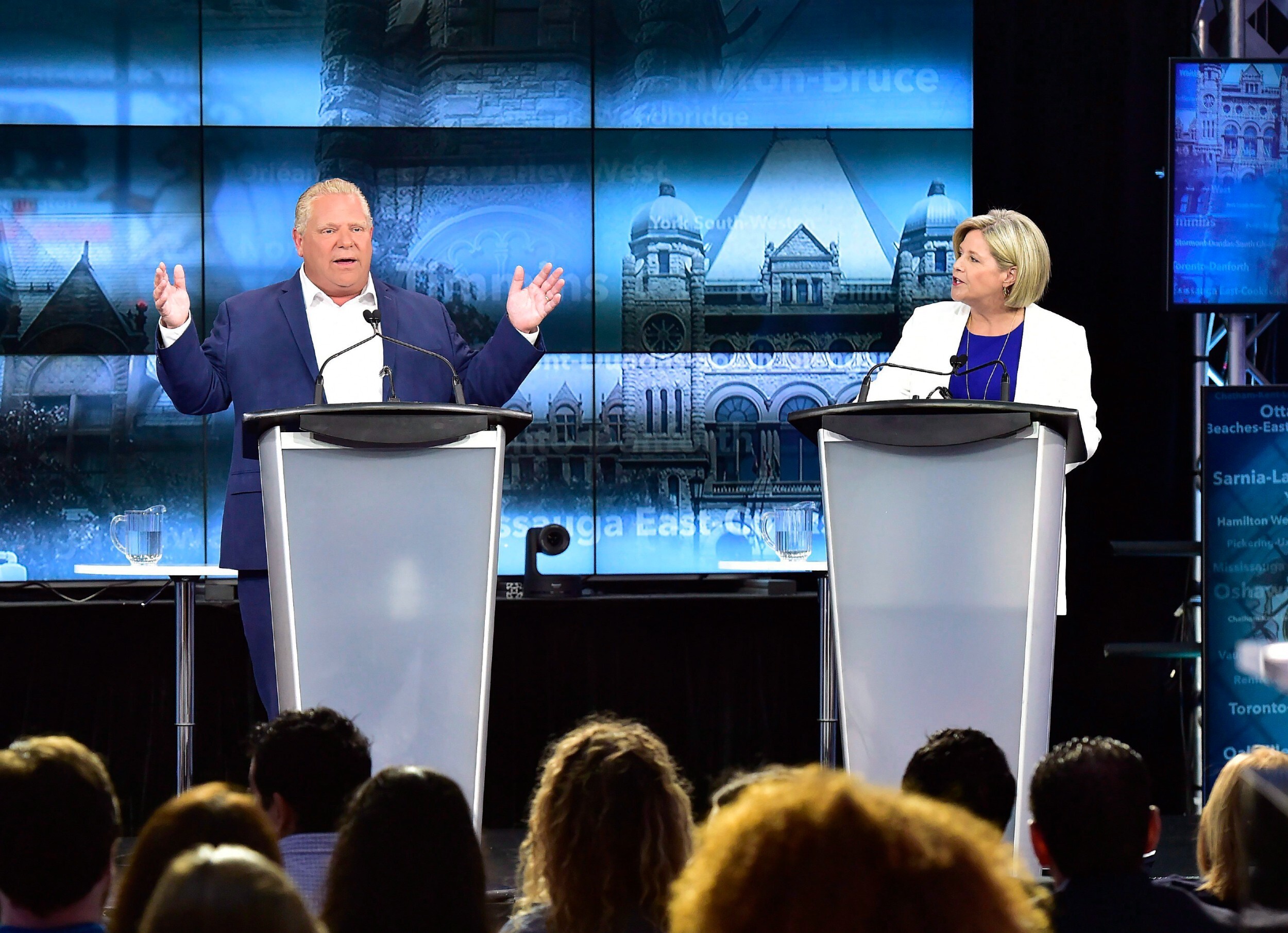 Ontario PC Leader Doug Ford and Ontario NDP Leader Andrea Horwath at the 2018 Ontario election debate