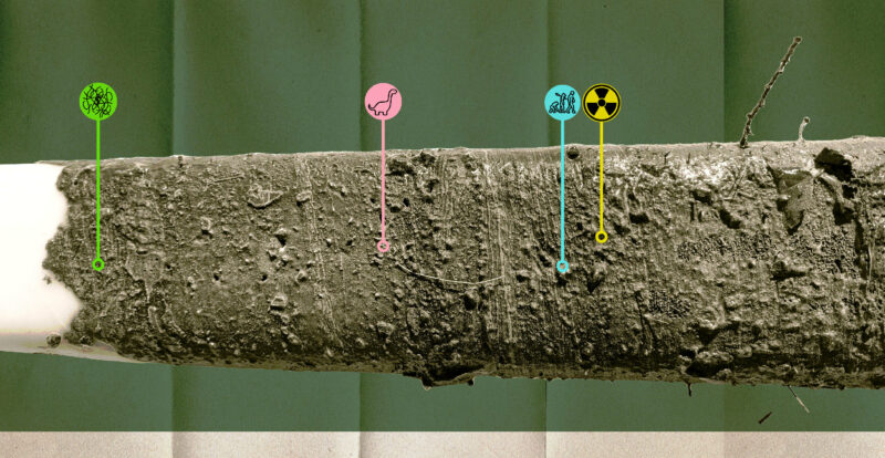 An image of a lake sediment freeze core, illustrated with symbols that imagine while lines on the core show events in history.