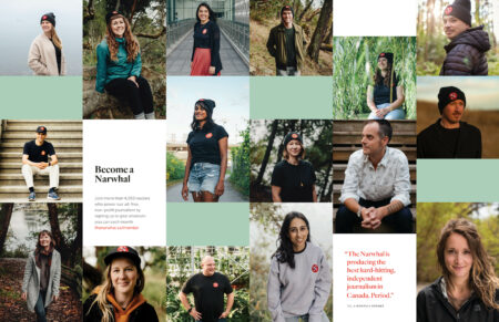 A collage photo made up of images of The Narwhal's staff