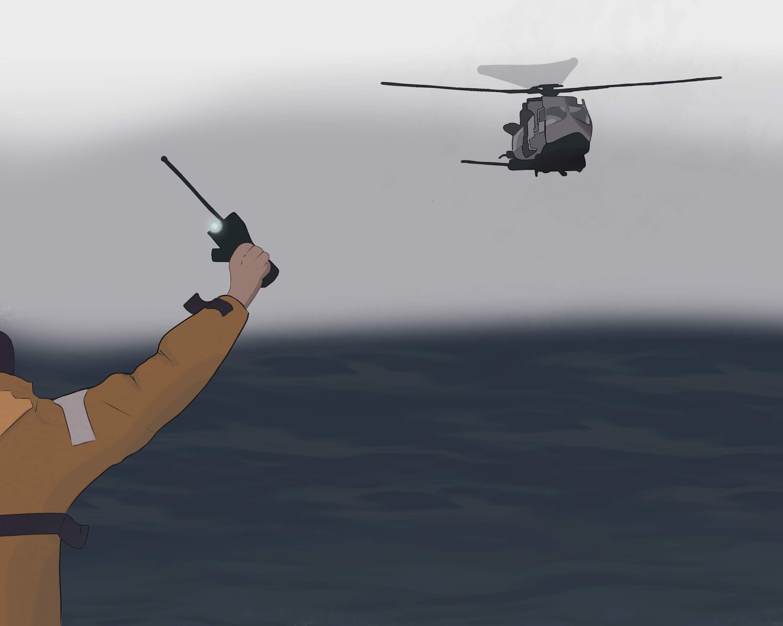 Illustration of helicopter coming to the rescue of person in foreground with transponder.