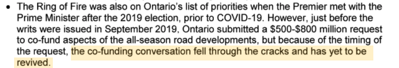 An excerpt of a briefing note on Ontario's Ring of Fire with the following line highlighted: "the co-funding conversation fell through the cracks and has yet to be revived."